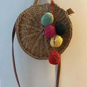 Windsor Round Straw Bag with Colorful Pom Poms